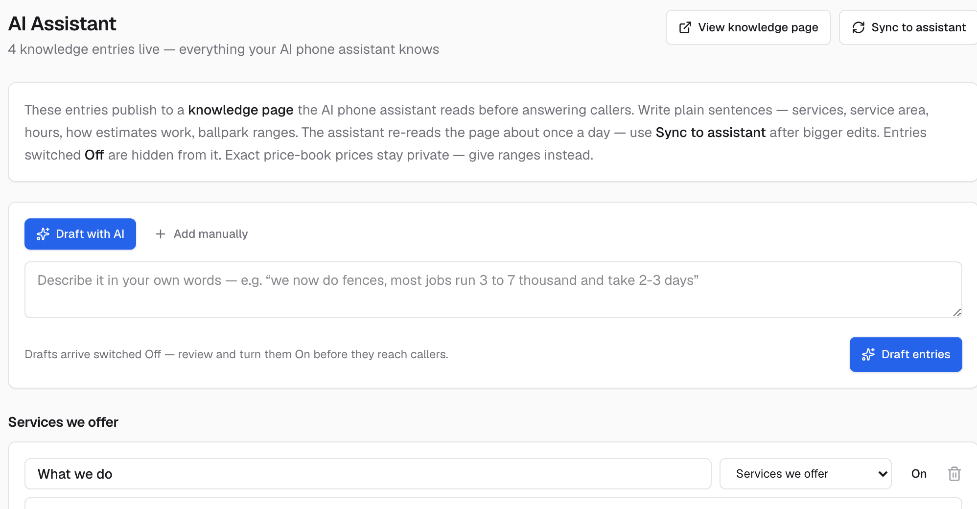 The AI Assistant knowledge base with plain-English notes about services and pricing