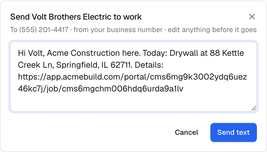 The Send to work window with a pre-written text message ready to edit before sending