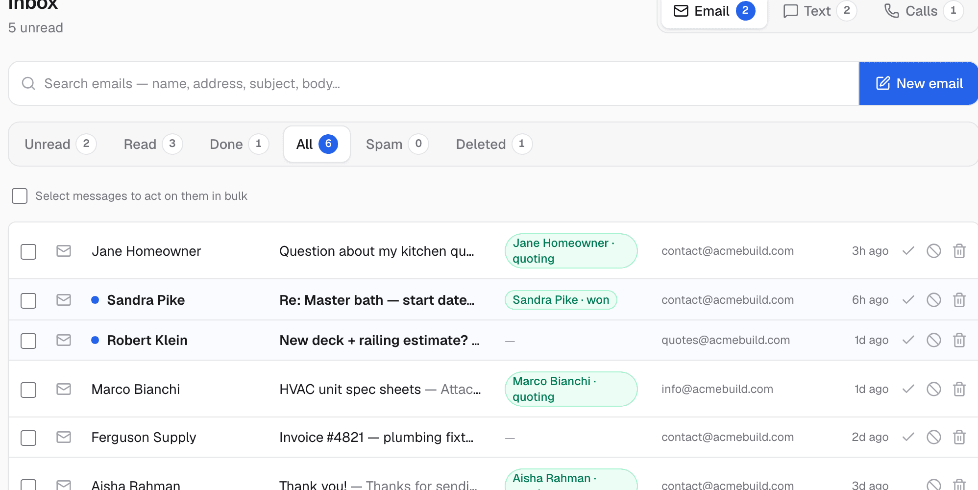 The unified inbox with Email, Text and Calls tabs, status filters, and message rows