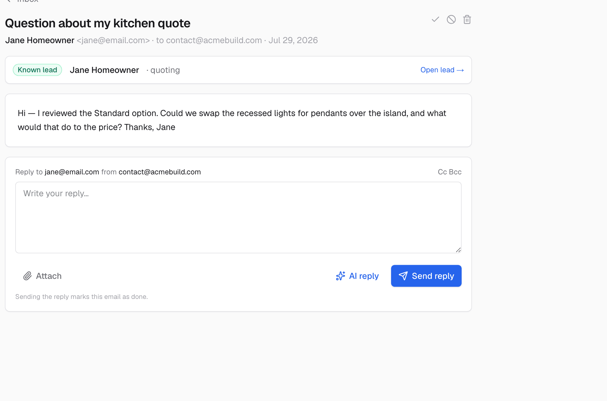An opened email with the message body and a reply box, with a jump-to-lead link