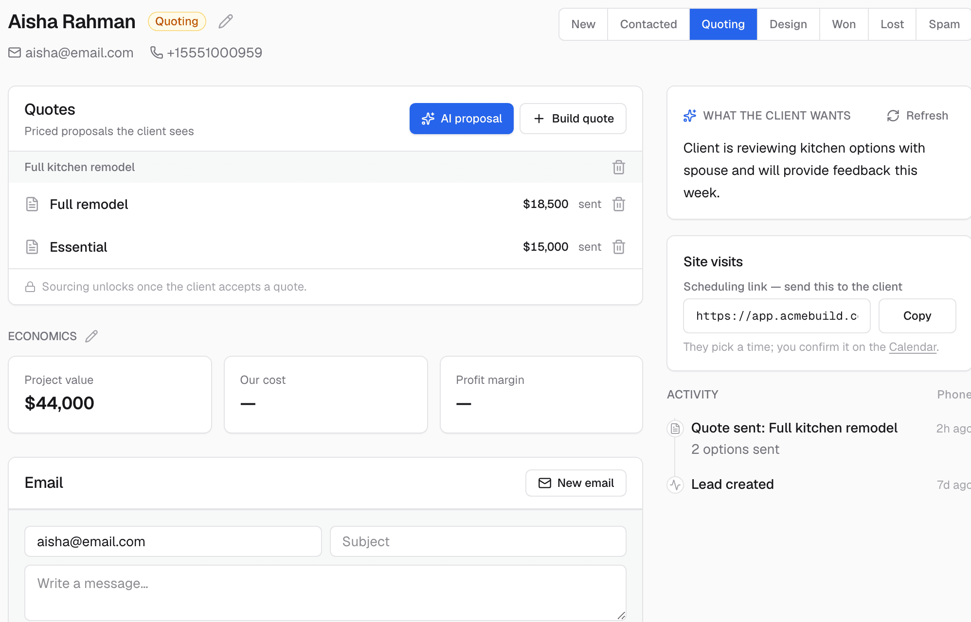 A lead's page with an AI-written summary of what the client wants, quotes, and the activity history