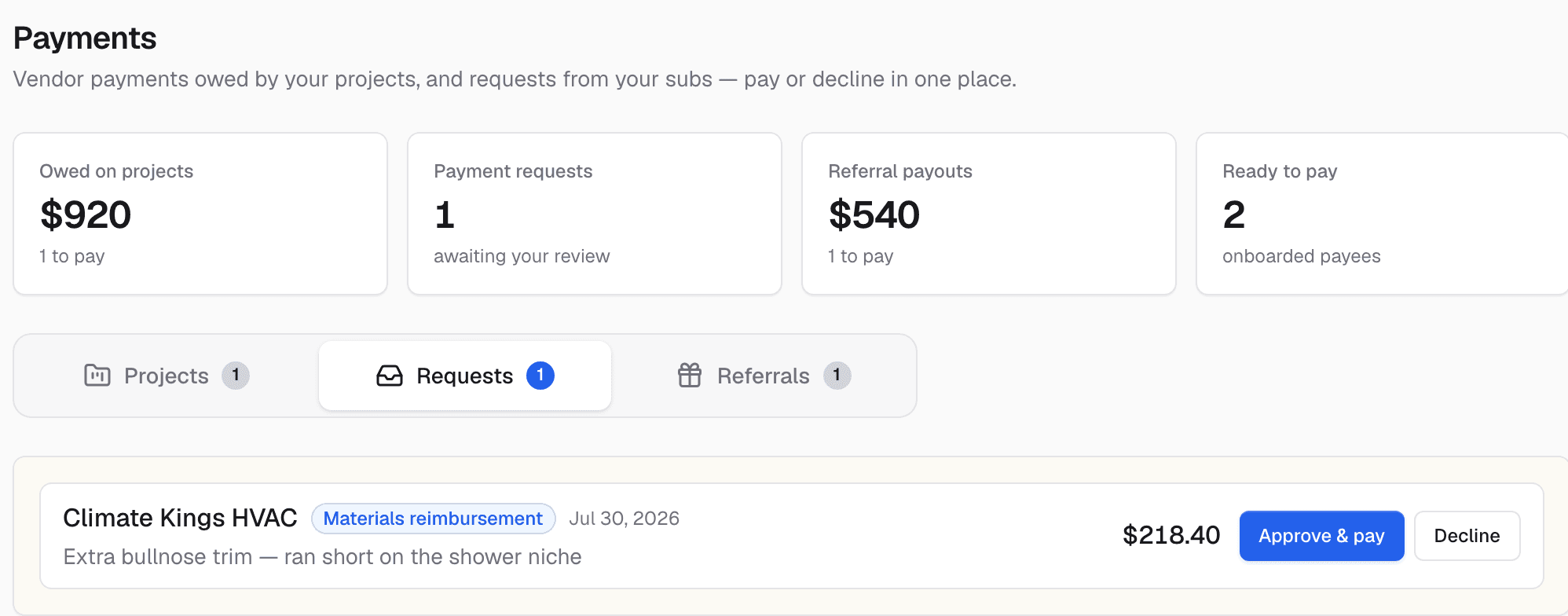 A subcontractor's reimbursement request with an Approve and pay button
