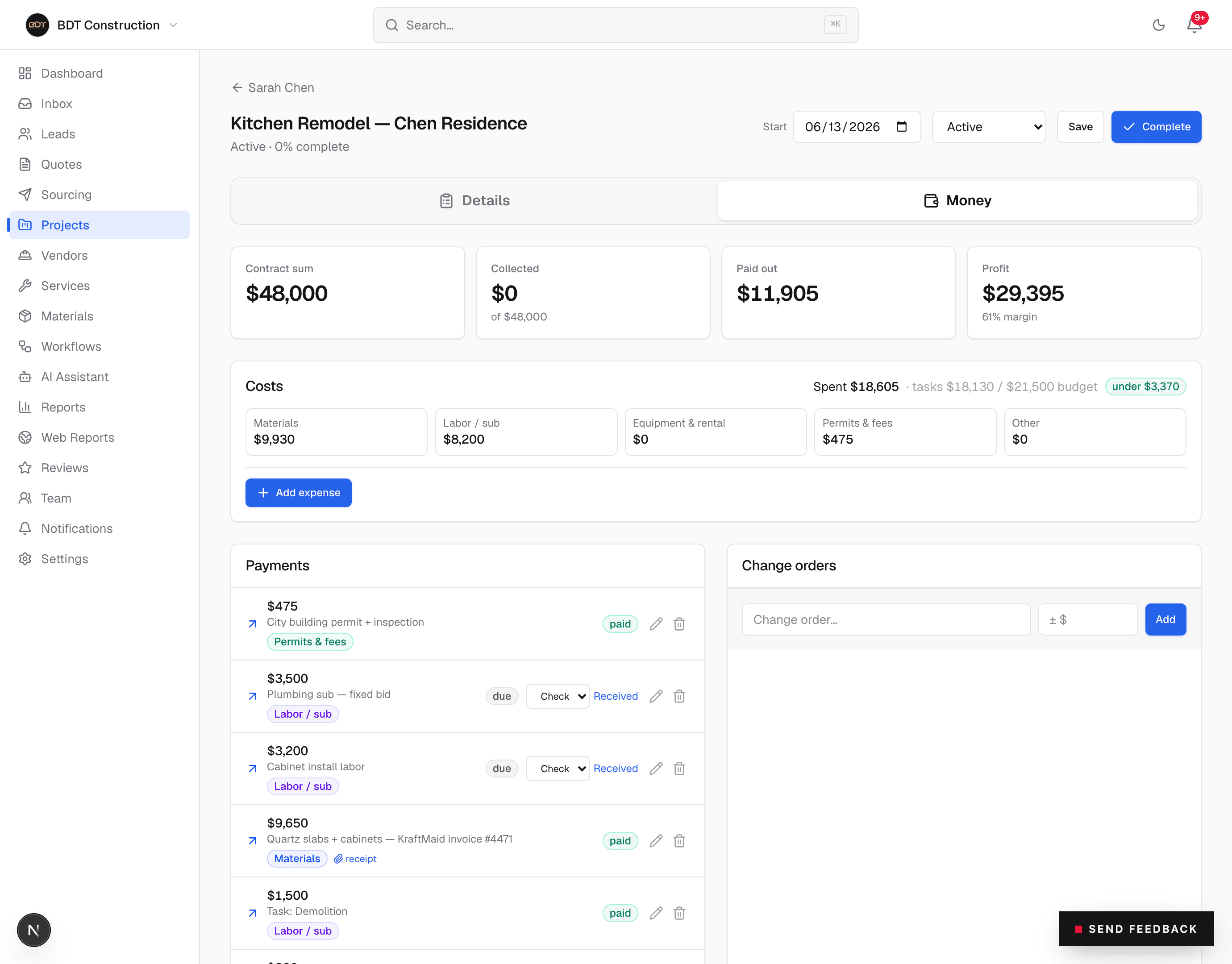 SubcontractSuite project Money tab showing contract sum, spend by category and live profit