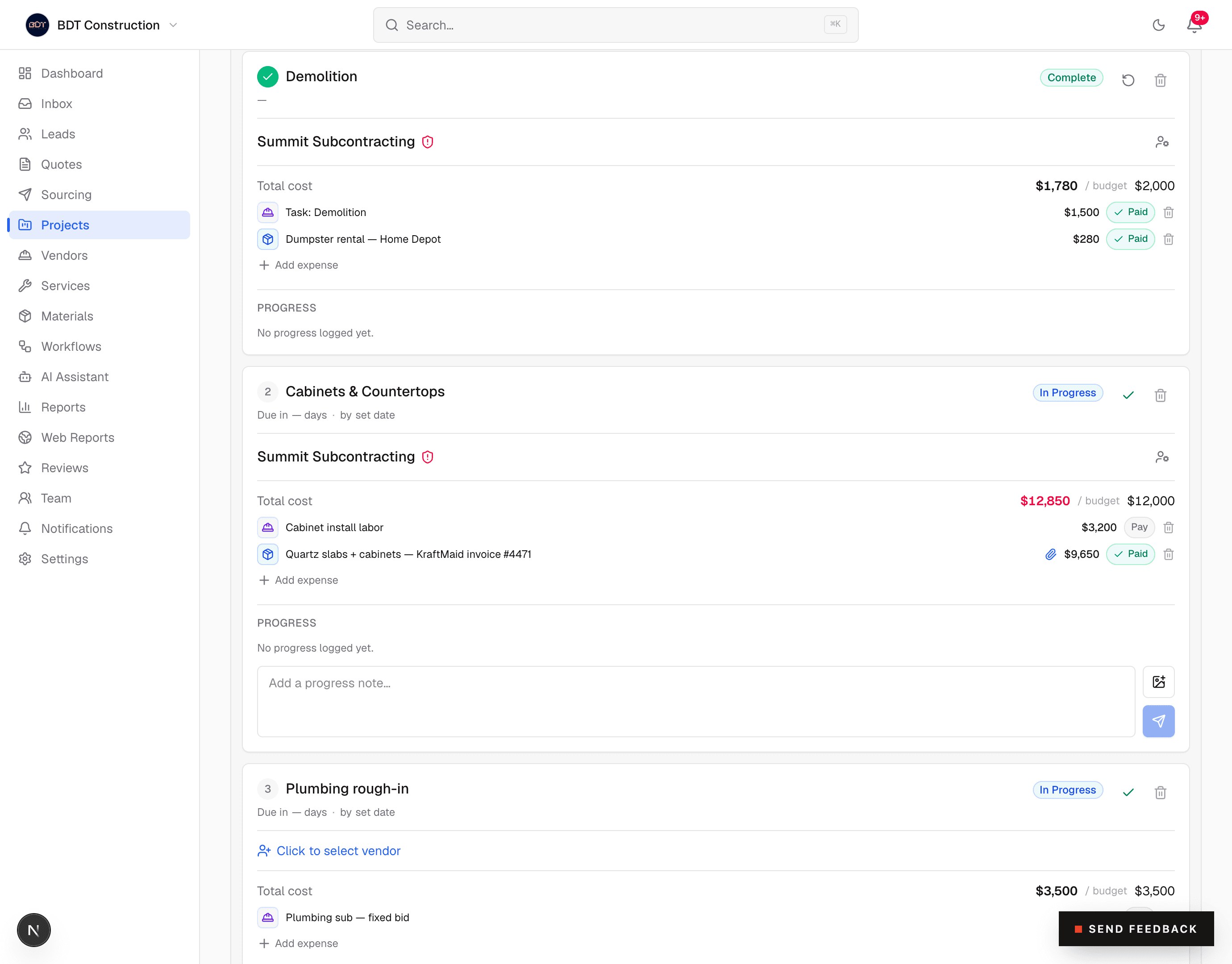 SubcontractSuite completion timeline with tasks, assigned subcontractors and due dates