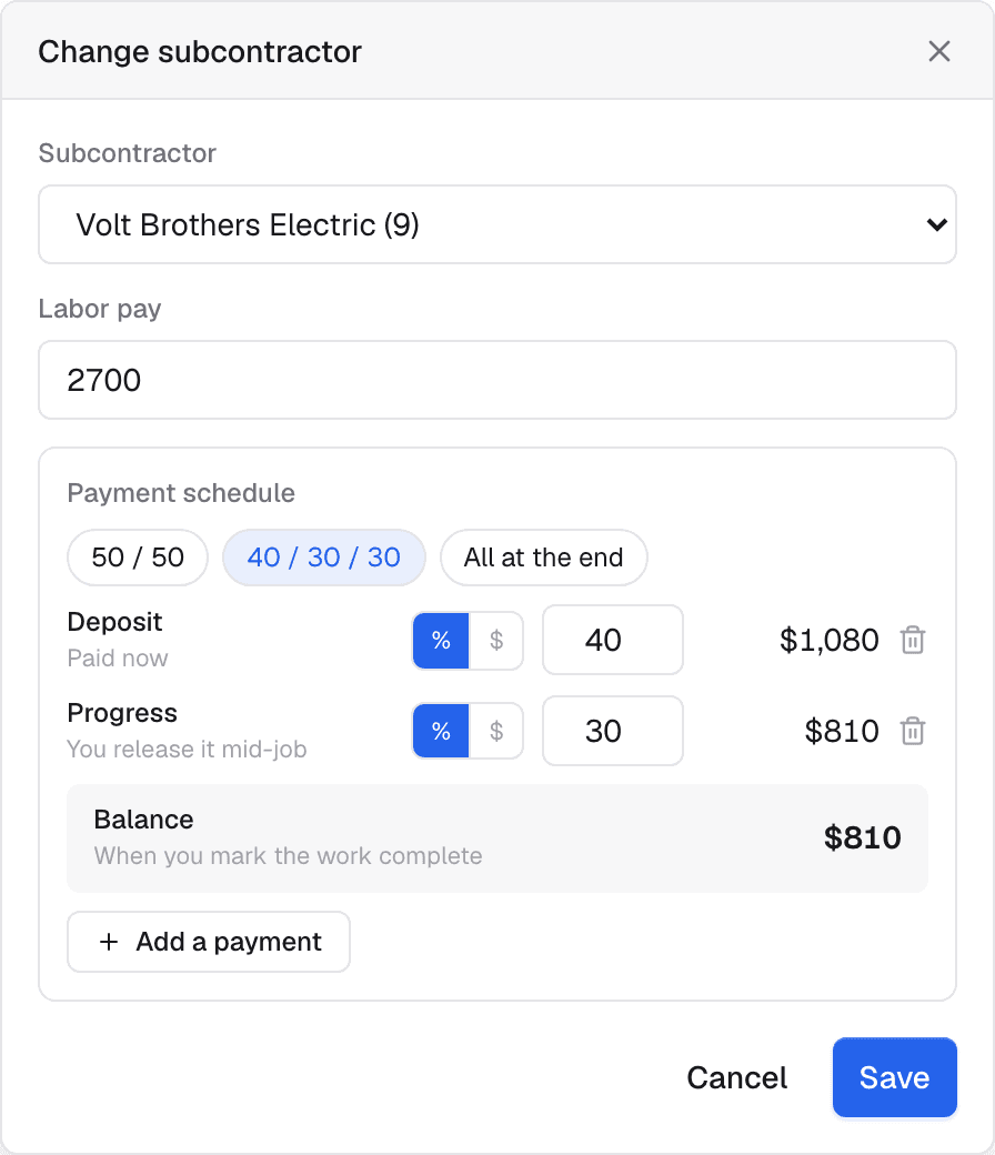 The assign-subcontractor window showing the 50/50 and 40/30/30 payment presets