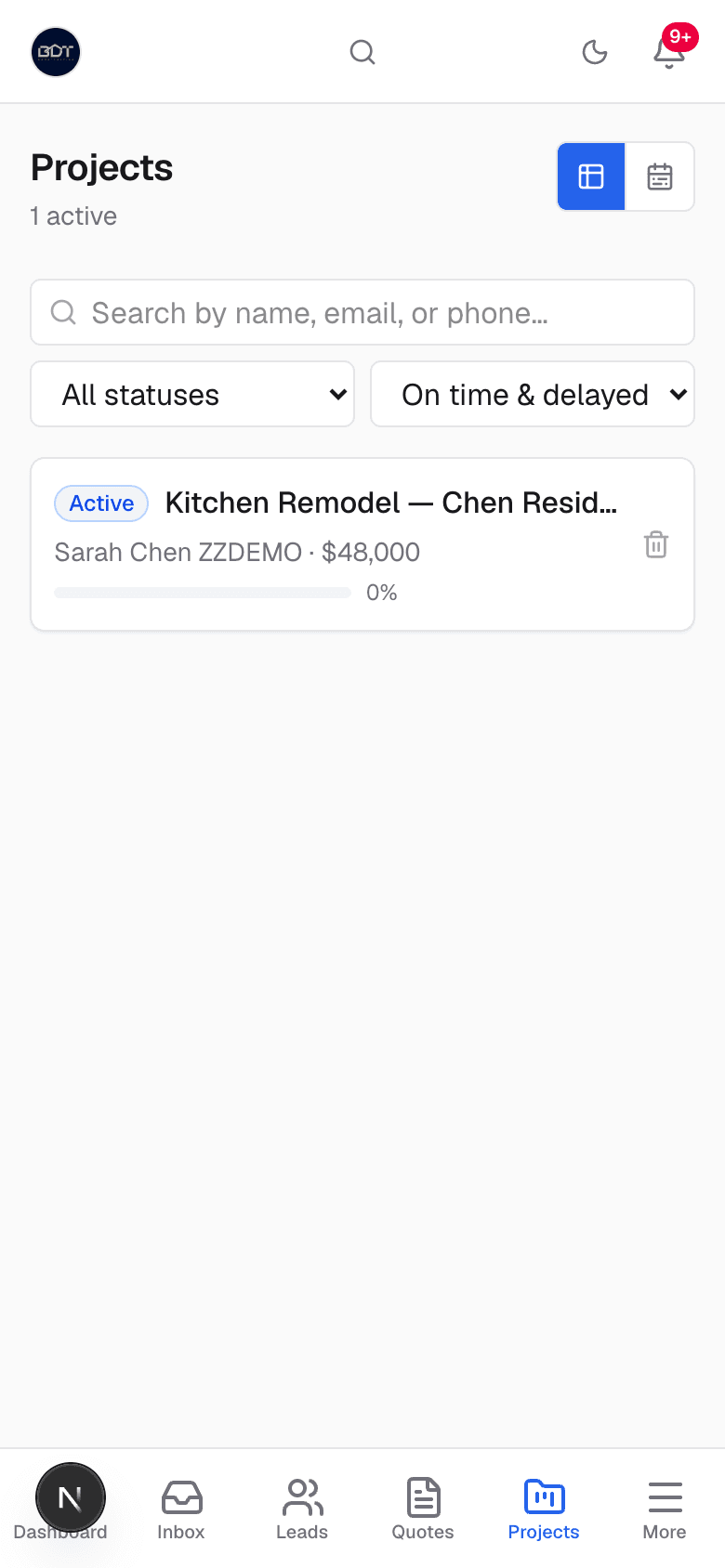 SubcontractSuite projects list on a phone with the bottom tab bar