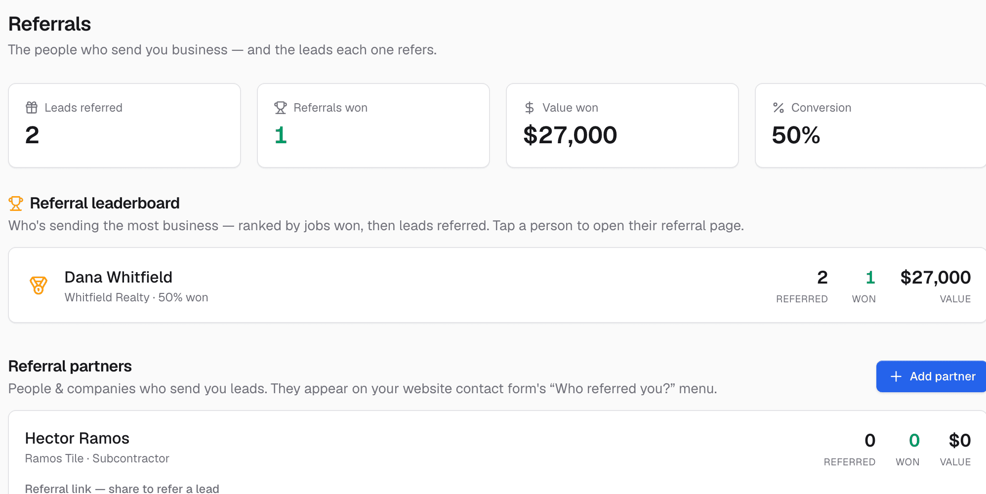 The referrals page with a leaderboard ranking partners by jobs won and value, and their referral links