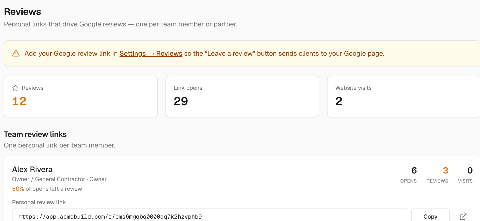 The reviews page with totals and a personal review link and stats for each team member