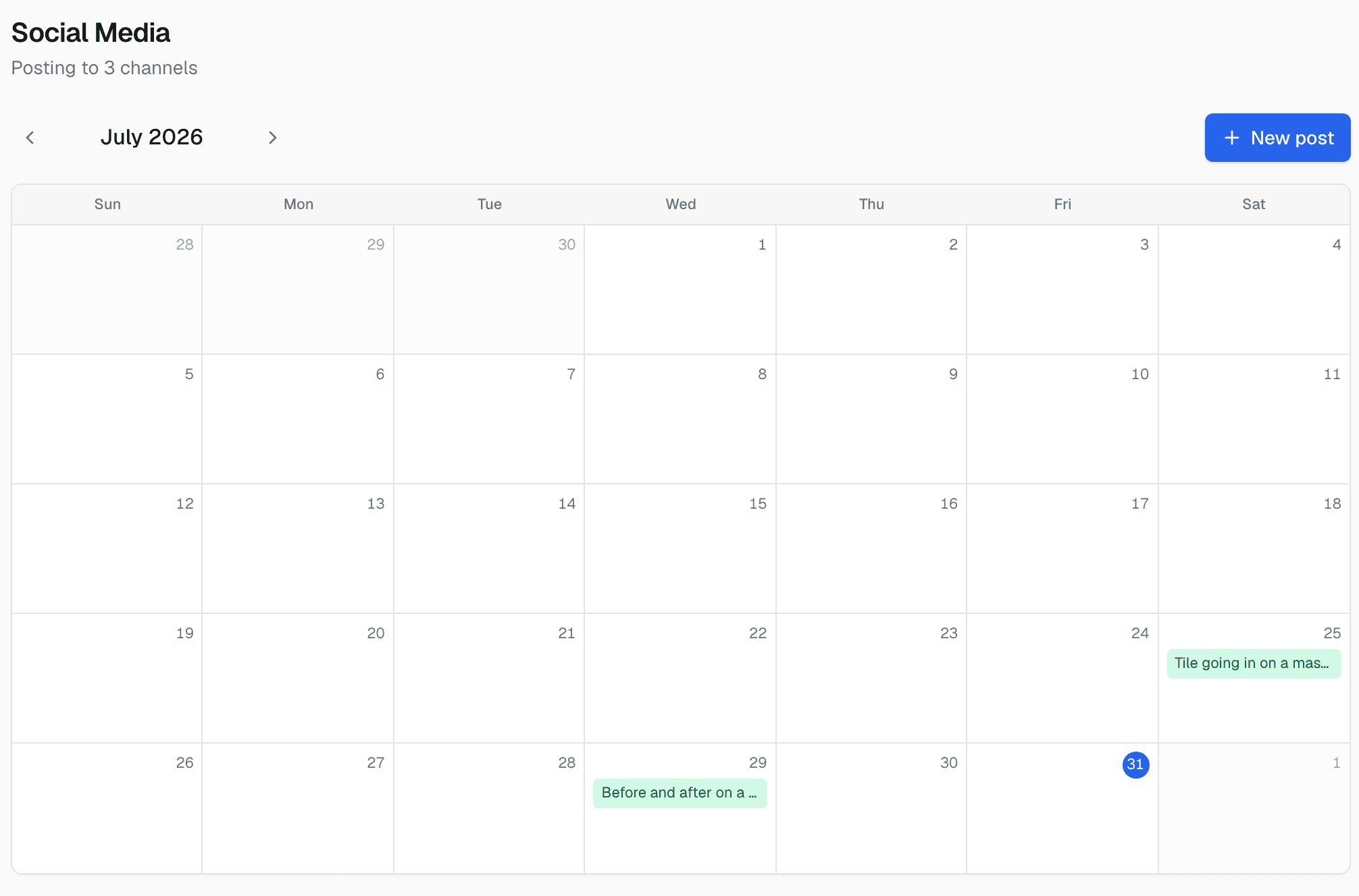 A month calendar with coloured post chips on the days they are scheduled to go out