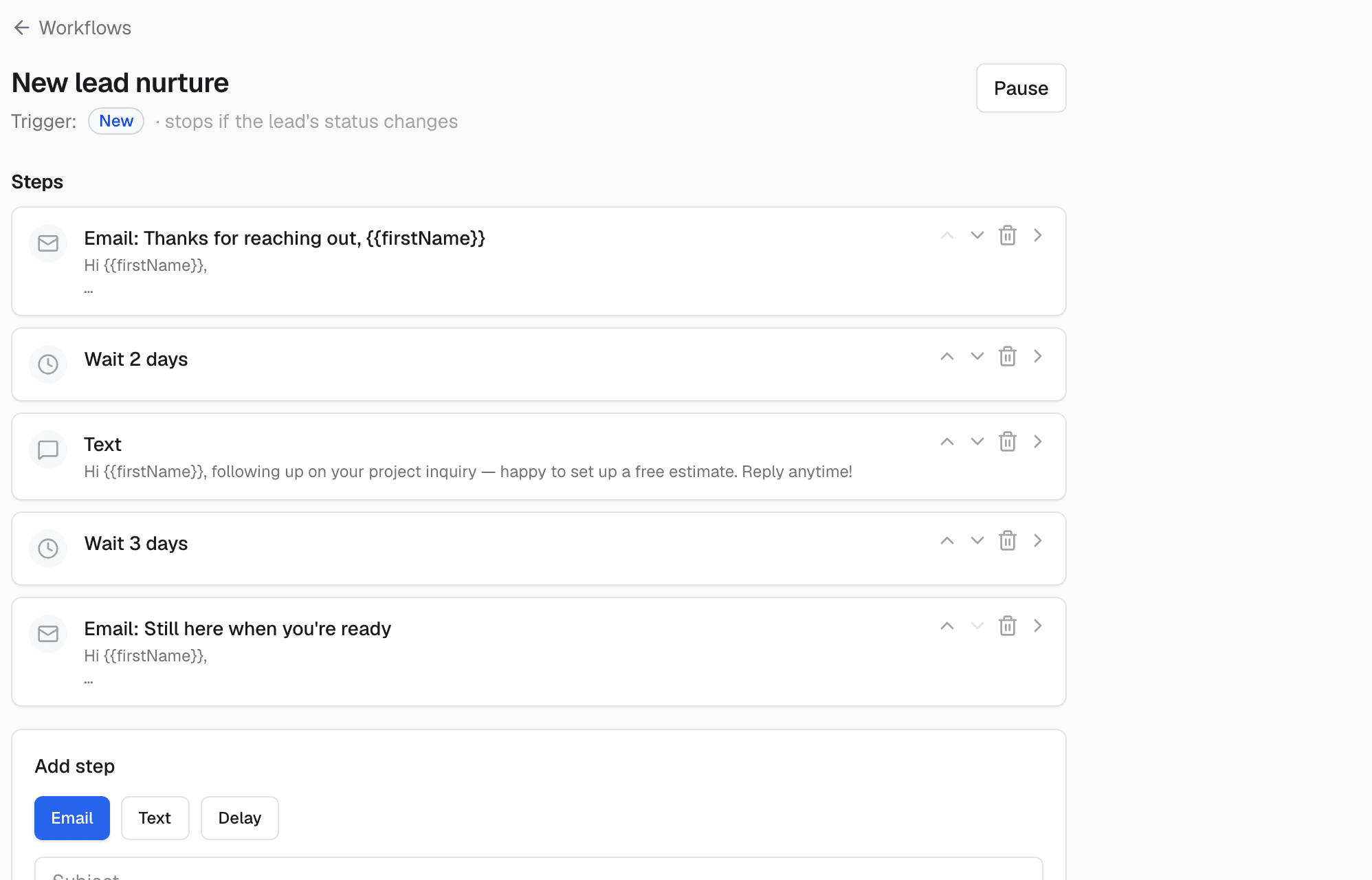 The workflow builder with email, text and wait steps and name personalization tokens